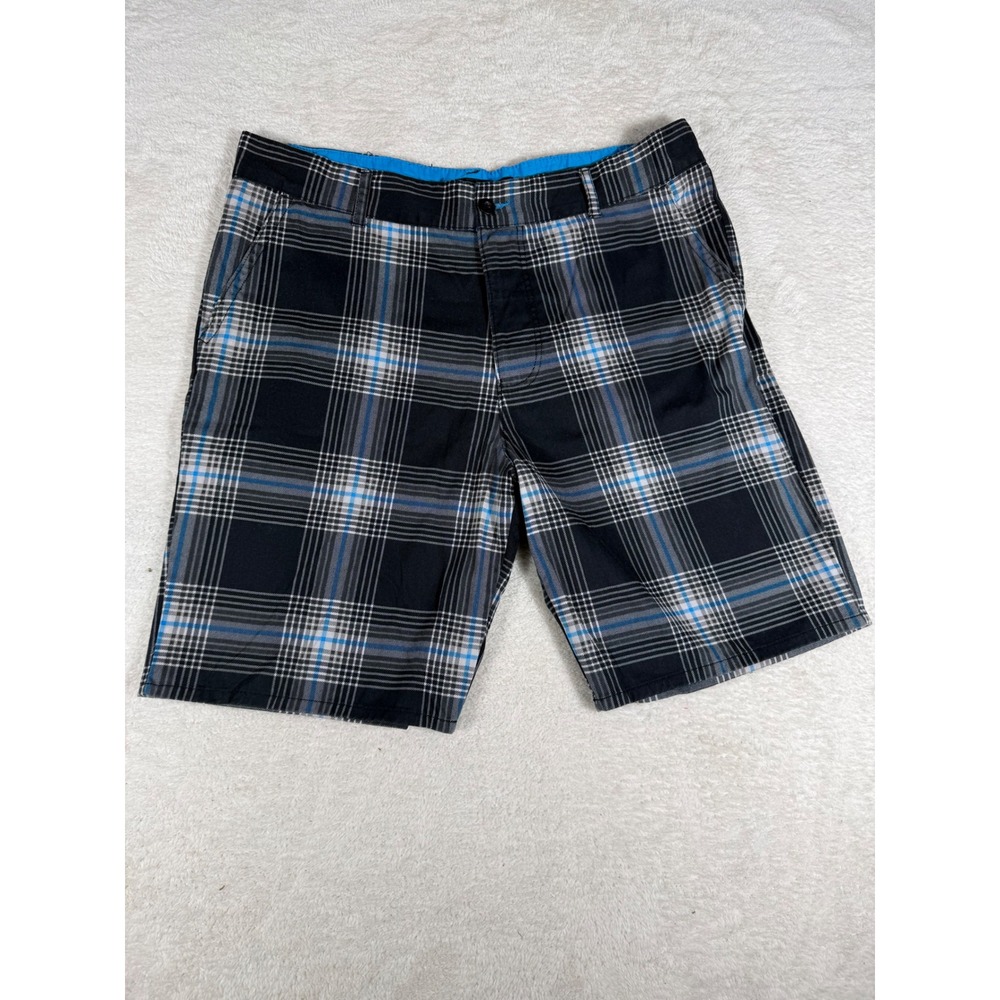 OP Plaid Shorts Mens 40 Black‎ Blue Excellent Cotton Flat Front Surf OM31Y004A